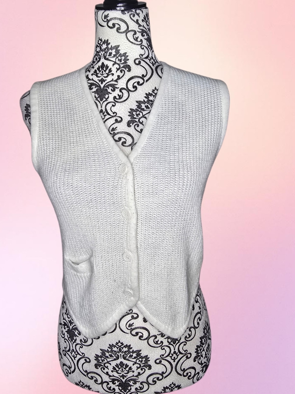 HANDMADE White V-Neck Button Knit Vest - Small